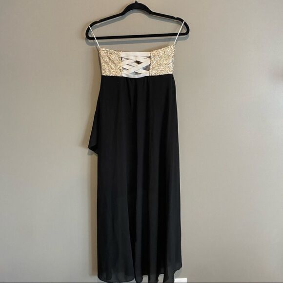 Gold Sequin Strapless Prom Graduation High Low Maxi Dress - Picture 4 of 7